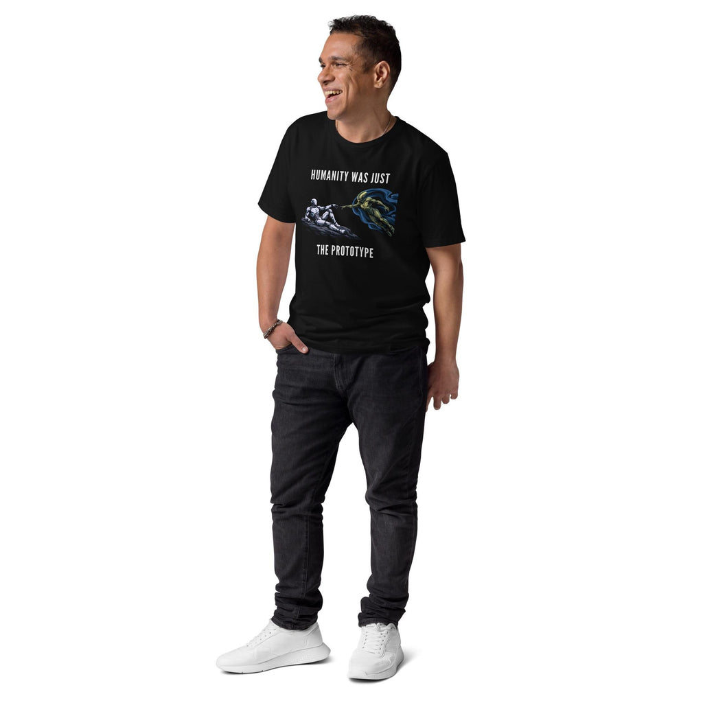 Humanity Prototype AI alien T-shirt in black, full-length view on a model with black trousers.