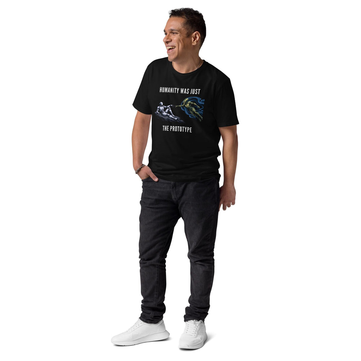 Humanity Prototype AI alien T-shirt in black, full-length view on a model with black trousers.