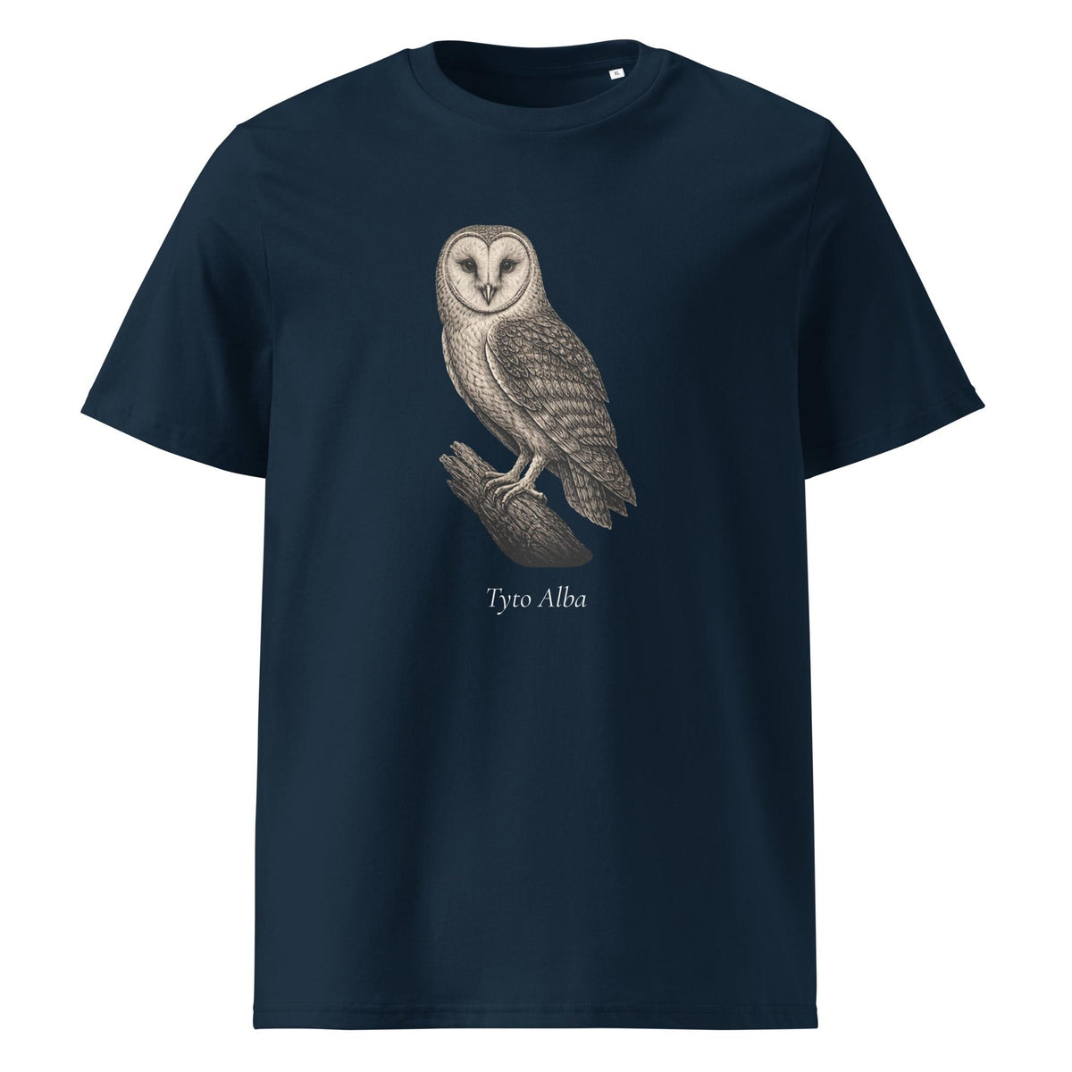 Vintage Barn Owl T-shirt in navy, front product view on white showing the owl and Tyto alba lettering.