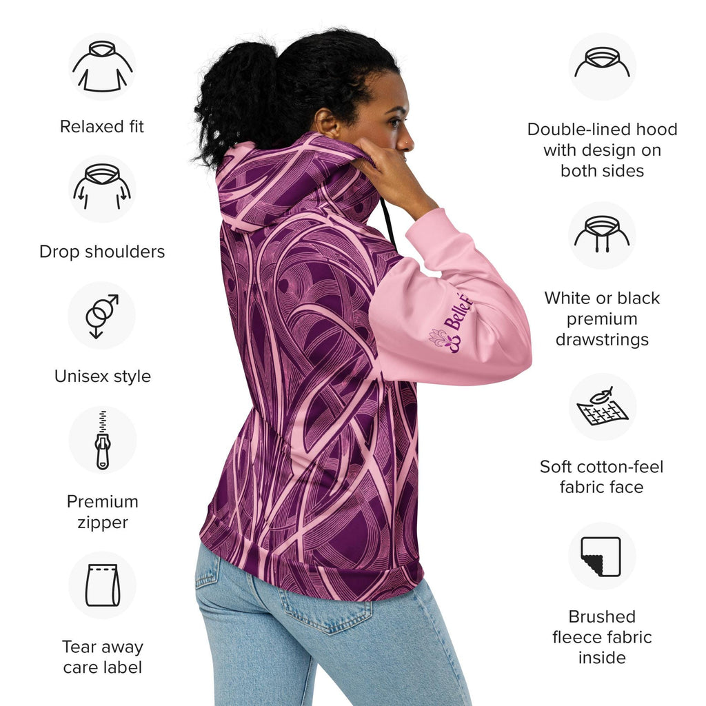 Pink Art Nouveau zip hoodie feature diagram showing relaxed fit, hood, zipper and brushed fleece interior.