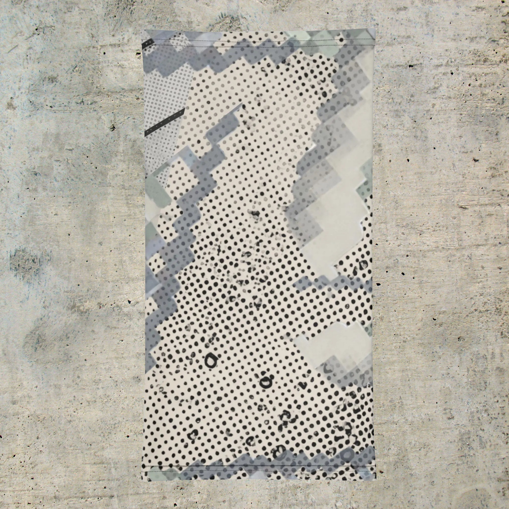 Urban Concrete 9 neck gaiter laid flat, showing light grey geometry and black halftone dots.