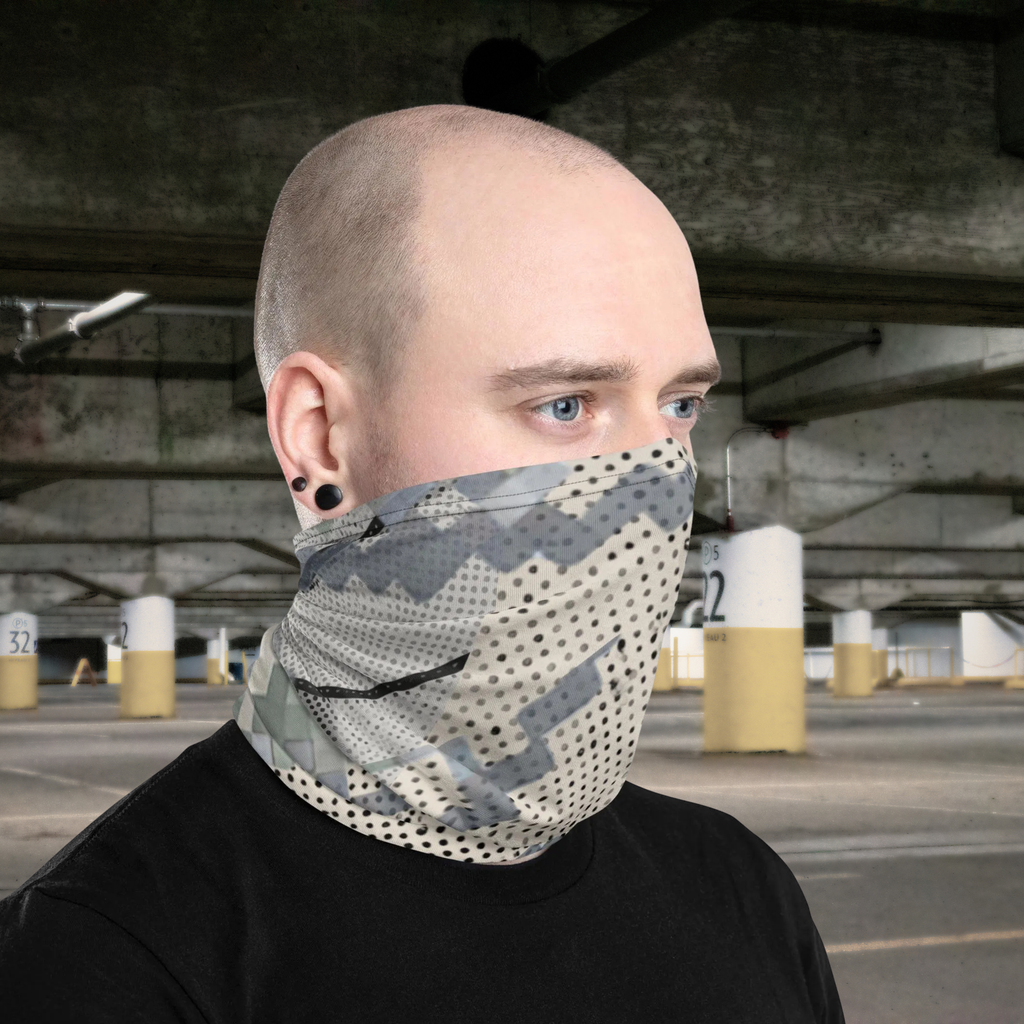 Urban Concrete 9 neck gaiter worn as a face covering in a car park, three-quarter view.