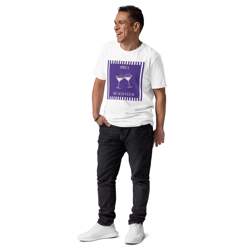 Ibiza Beach Club T-shirt in white, full-length view on a model with hands in pockets.