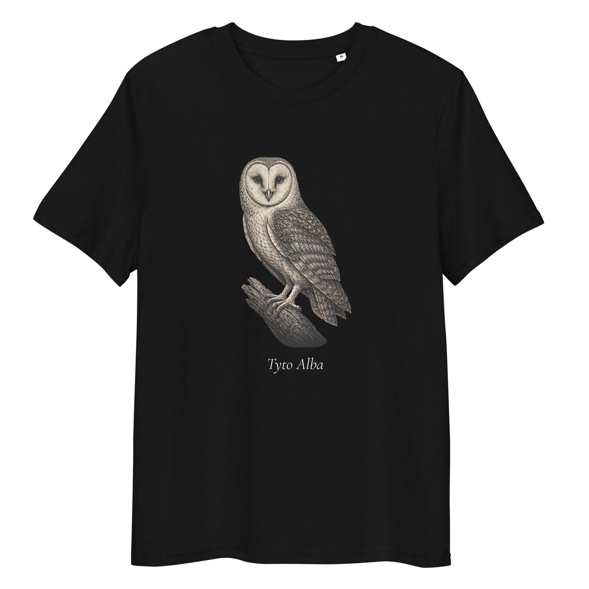 Vintage Barn Owl T-shirt in black, front product view on a white background.