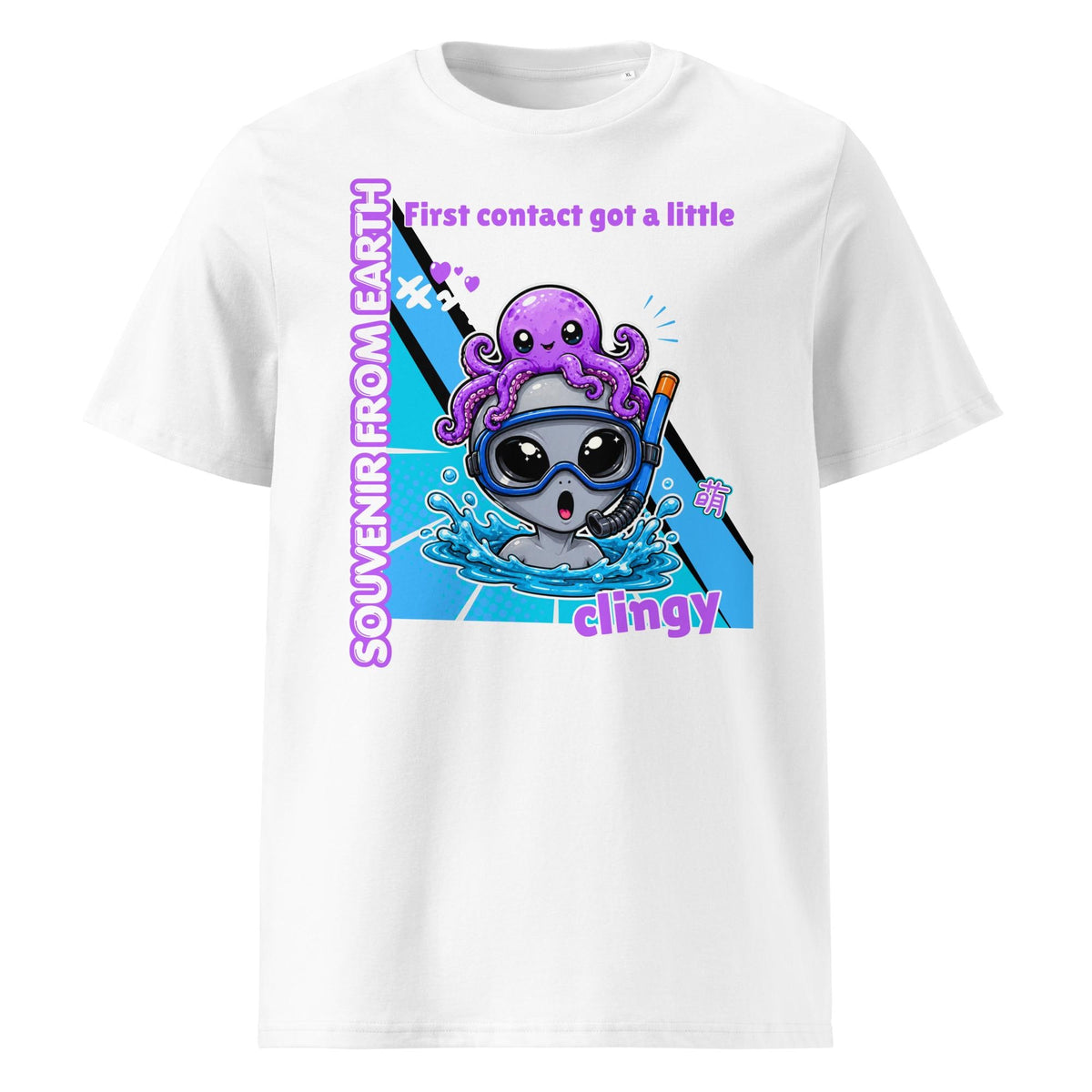 Alien Octopus snorkeling T-shirt in white, front product view on a pale background.