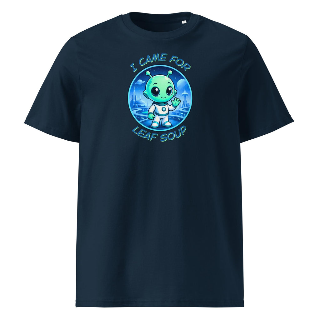 Alien Leaf Soup T-shirt in navy, front product view on white.