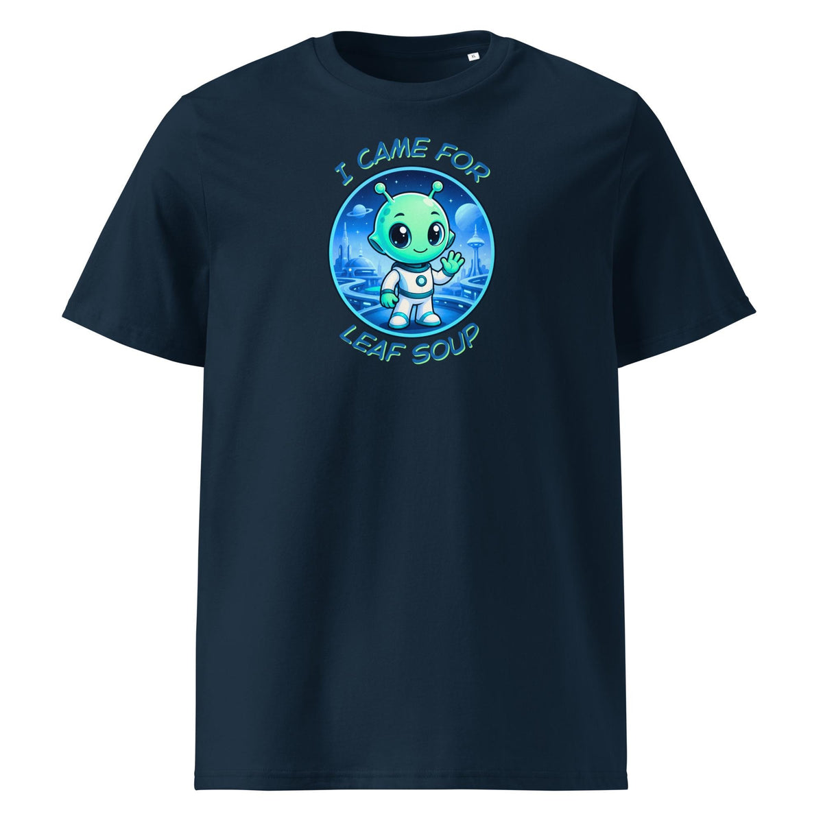 Alien Leaf Soup T-shirt in navy, front product view on white.