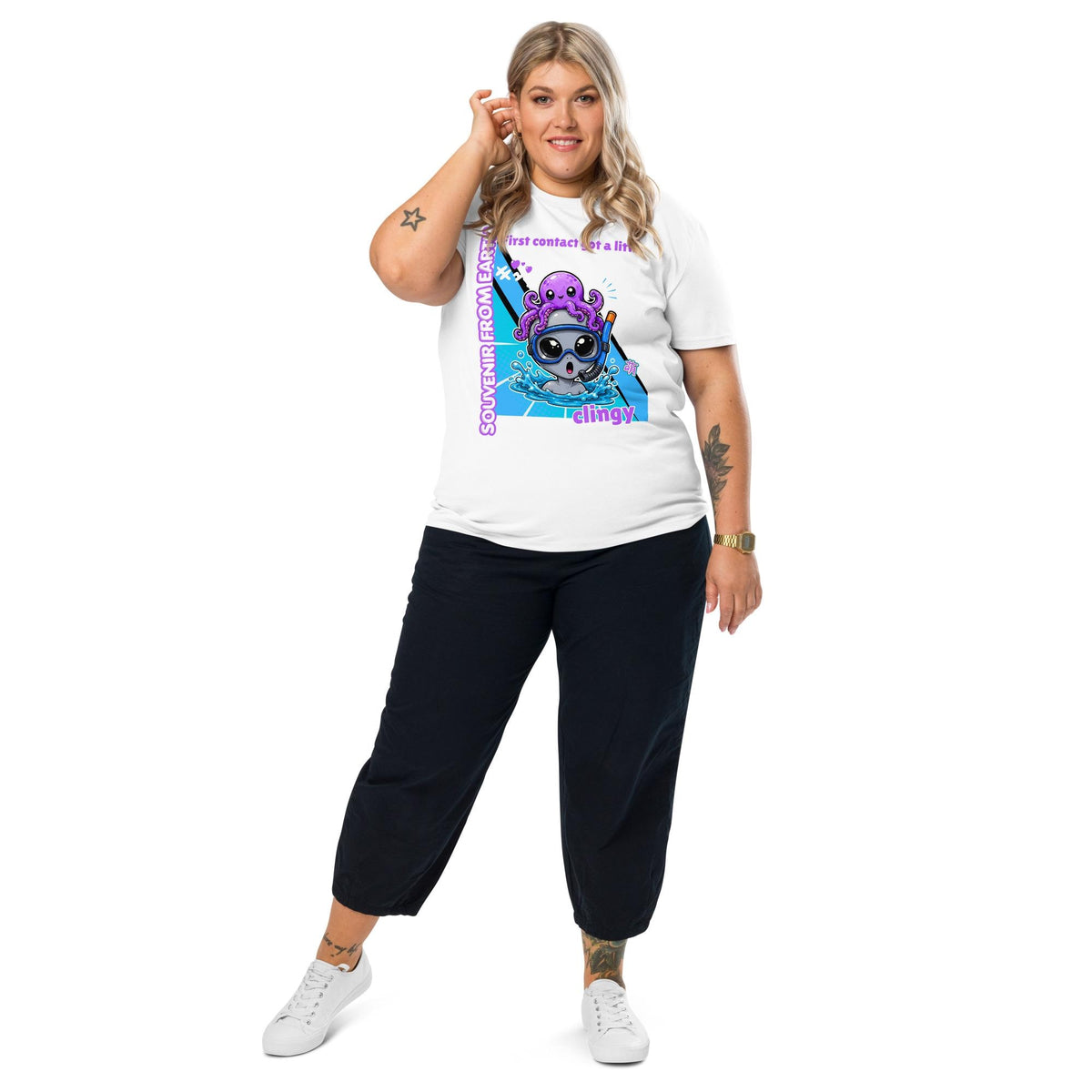 Alien Octopus snorkeling T-shirt in white, full-length view on a model with black trousers.