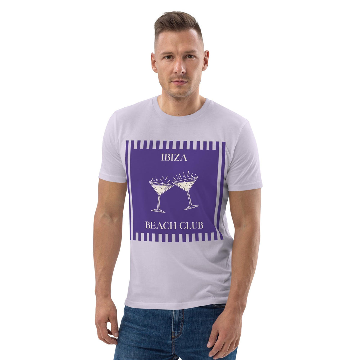 Ibiza Beach Club T-shirt in lavender, worn by a model with hands in pockets on white.
