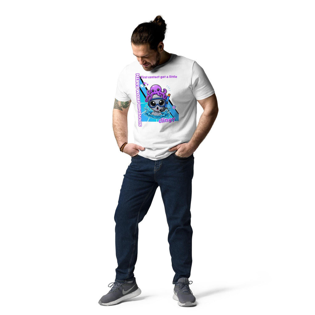Alien Octopus snorkeling T-shirt in white, full-length view on a model looking down at the print.