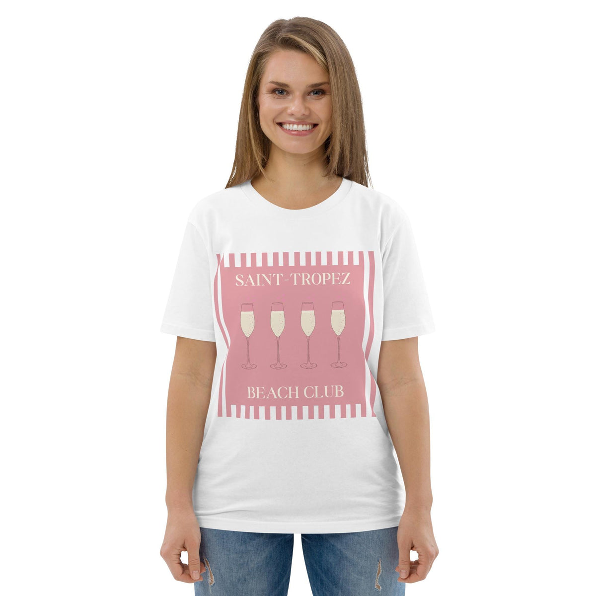 Saint-Tropez Beach Club T-shirt in white, worn by a model with blue jeans, front view.