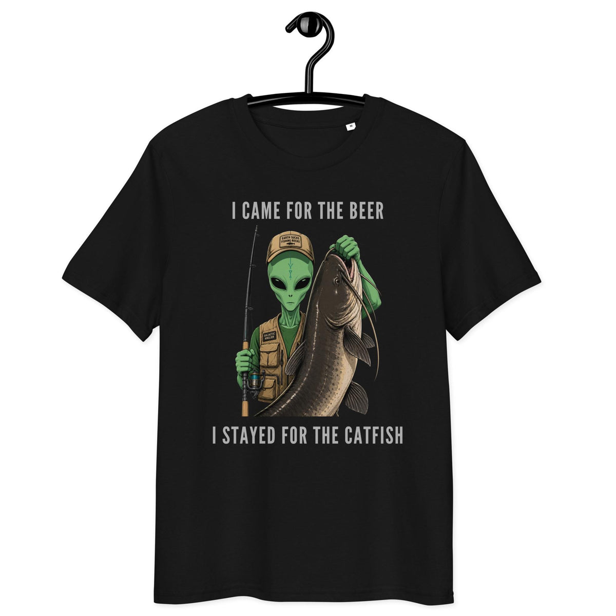 Alien Catfish fishing T-shirt in black, hanging front view on a white background.