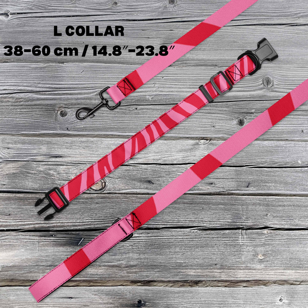 Pink Zebra dog collar and leash set L size diagram showing the collar's 38–60 cm adjustment range.