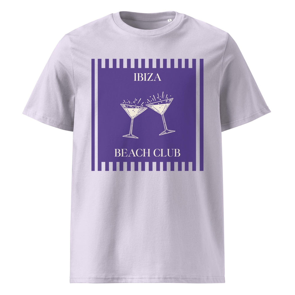 Ibiza Beach Club T-shirt in lavender, front product view on a pale background.