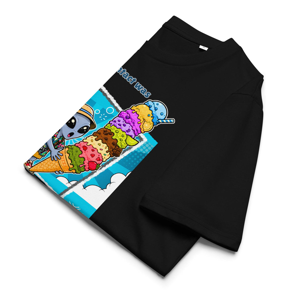Alien Ice Cream T-shirt in black, folded to show the alien and stacked ice cream artwork.