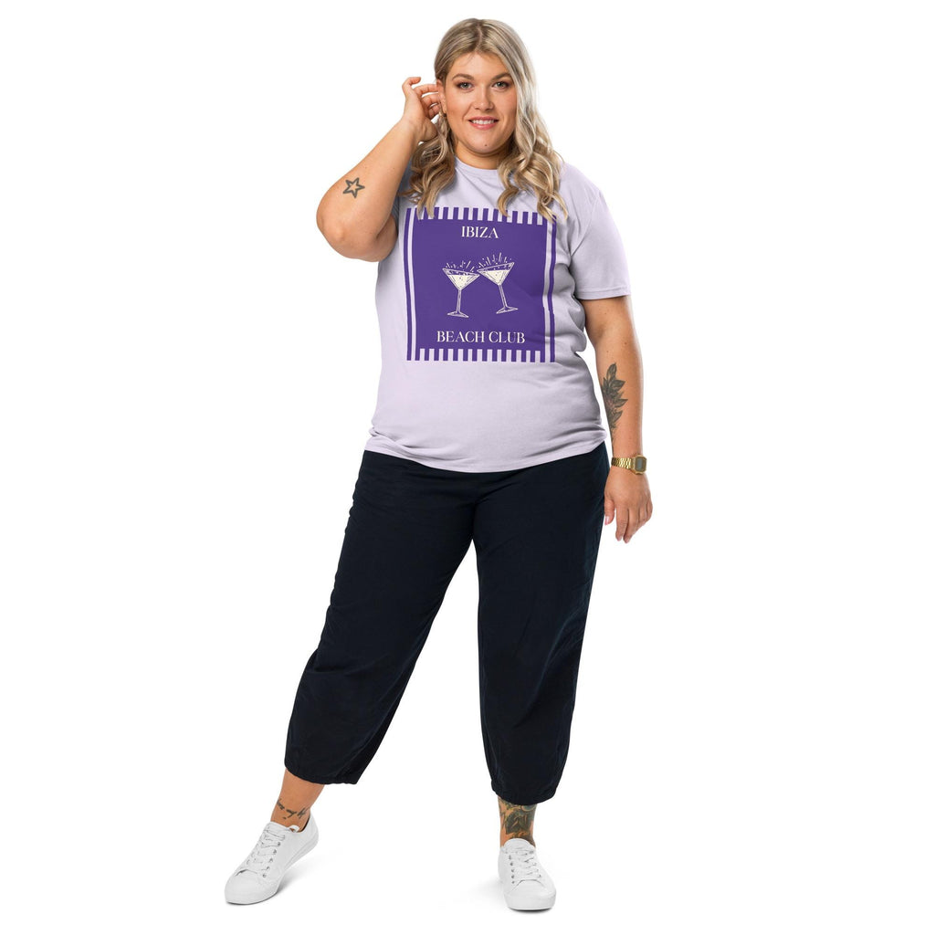 Ibiza Beach Club T-shirt in lavender, full-length view on a model with black trousers.