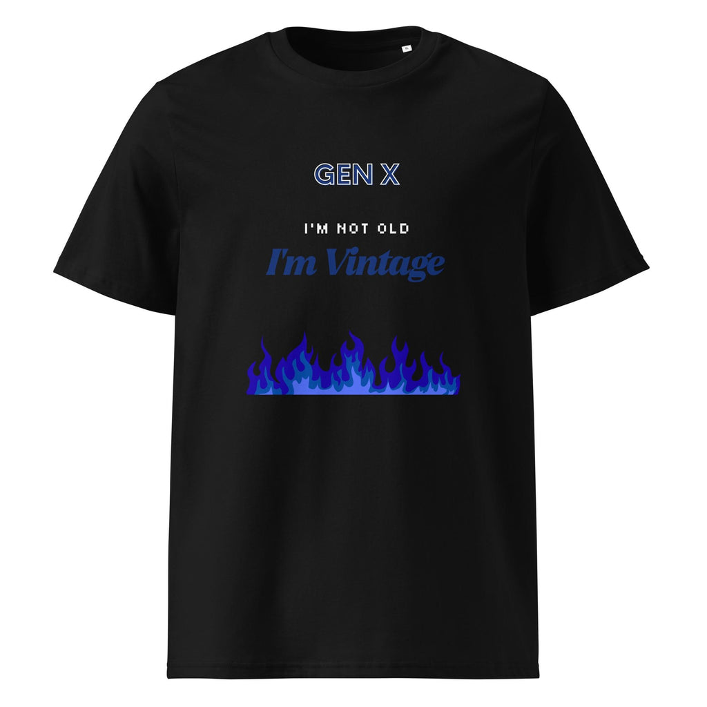 Gen X Blue Flame Vintage T-shirt in black, front product view on white.
