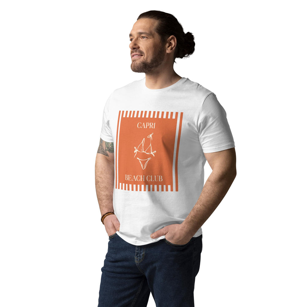 Capri Beach Club T-shirt in white, worn by a model with hands in pockets, three-quarter view.