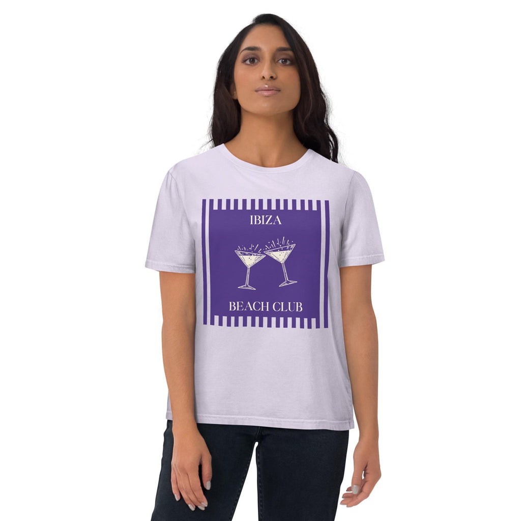 Ibiza Beach Club T-shirt in lavender, worn by a model on white, front view.