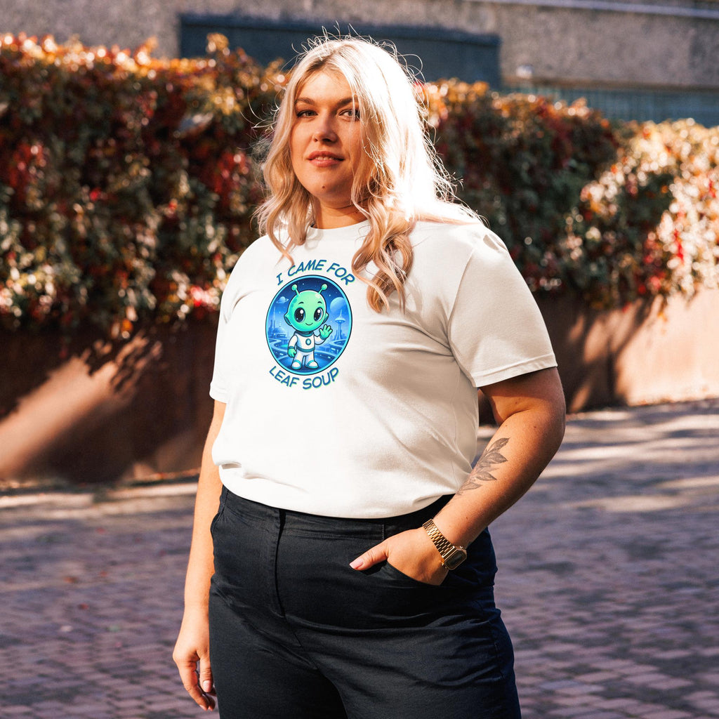 Alien Leaf Soup T-shirt in white, worn by a model outdoors.