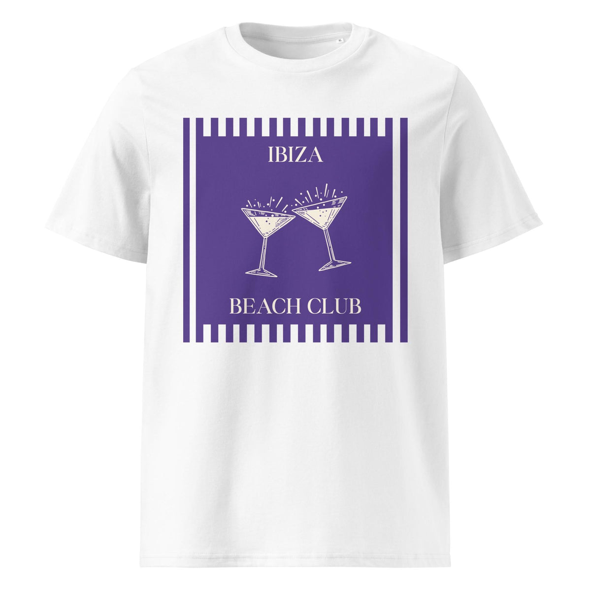 Ibiza Beach Club T-shirt in white, front product view on a pale background.