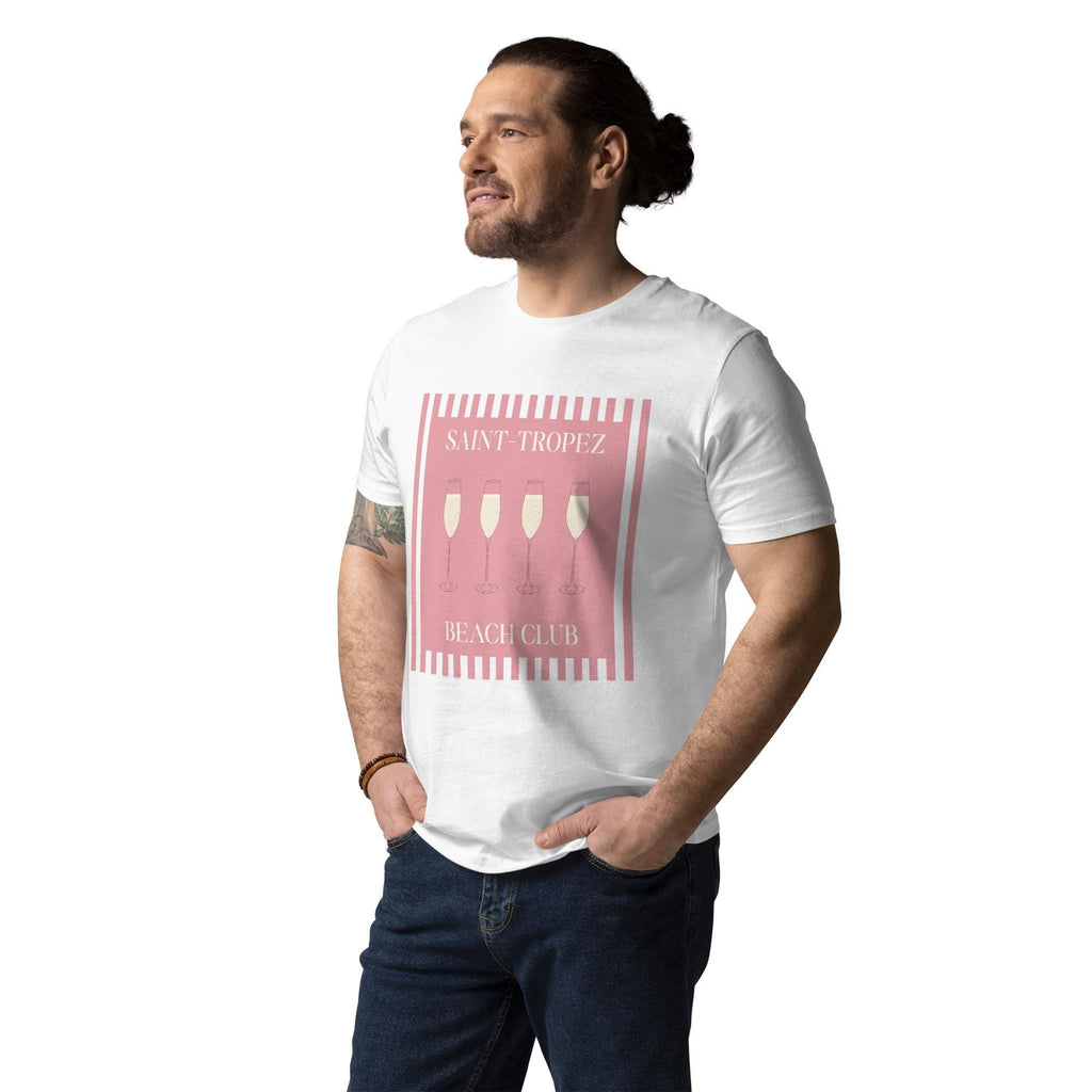 Saint-Tropez Beach Club T-shirt in white, worn by a model with hands in pockets, three-quarter view.