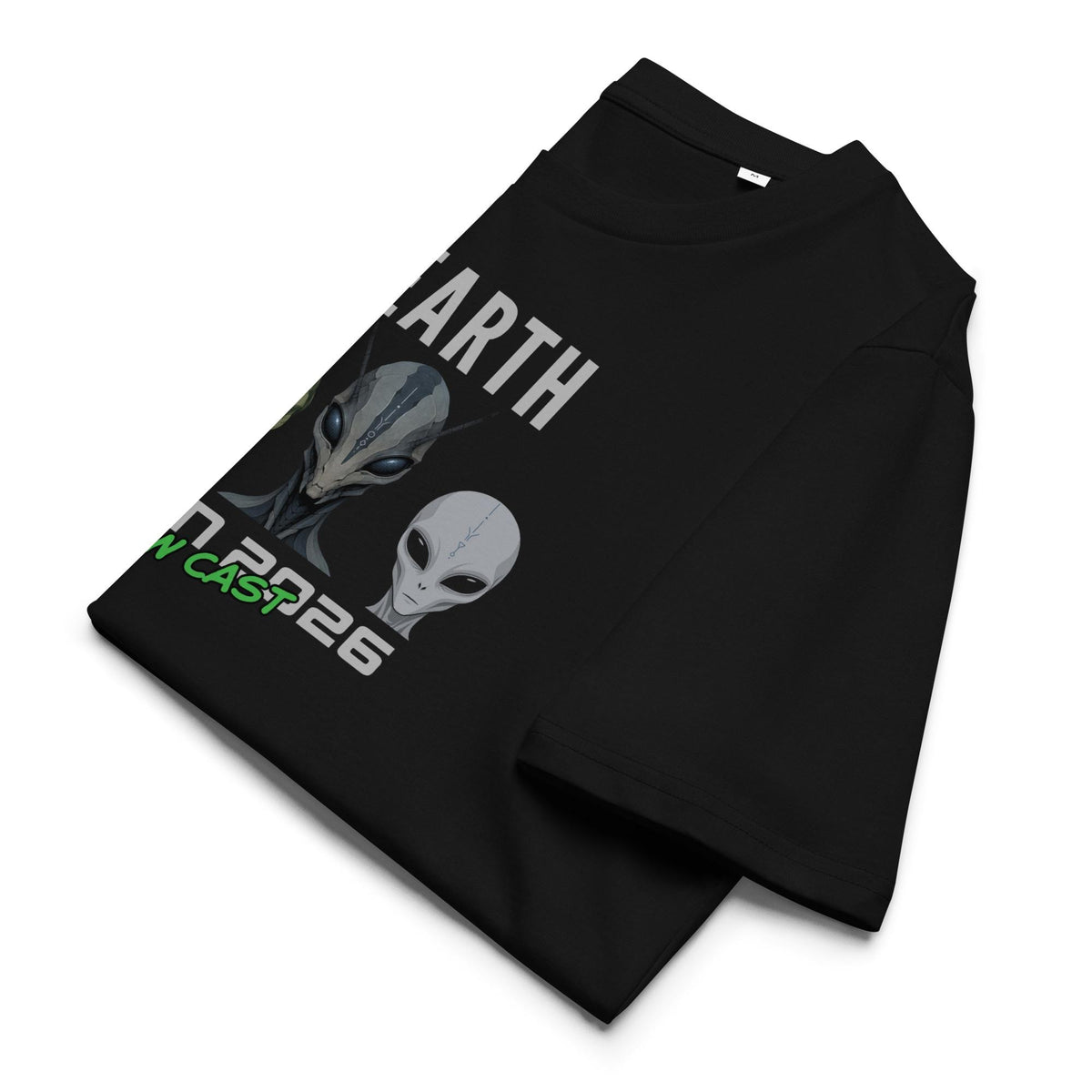 The Earth Season 2026 alien T-shirt in black, folded to show the faces and Season 2026 lettering.