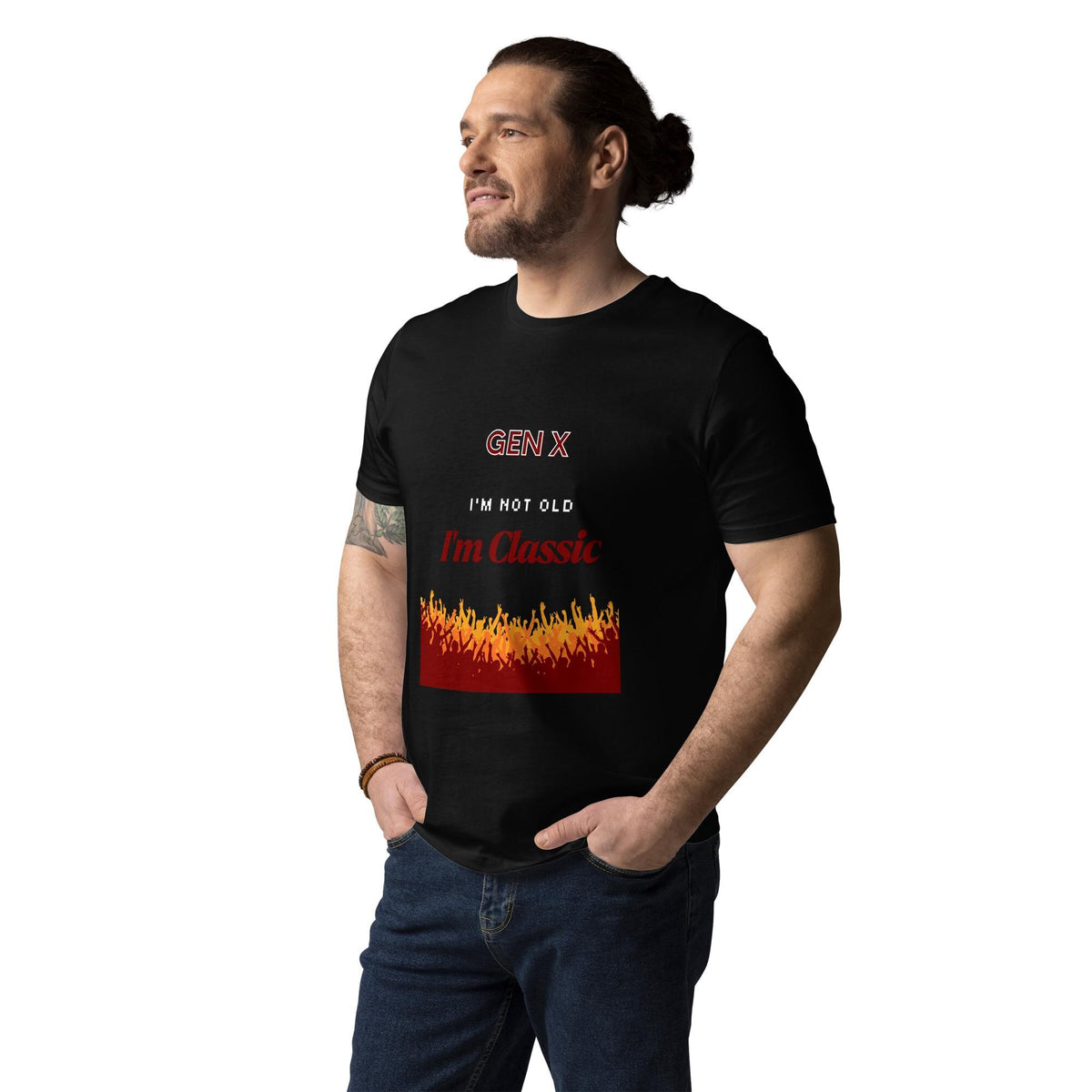 Gen X Orange Flame Classic T-shirt in black, worn by a model with hands in pockets, three-quarter view.