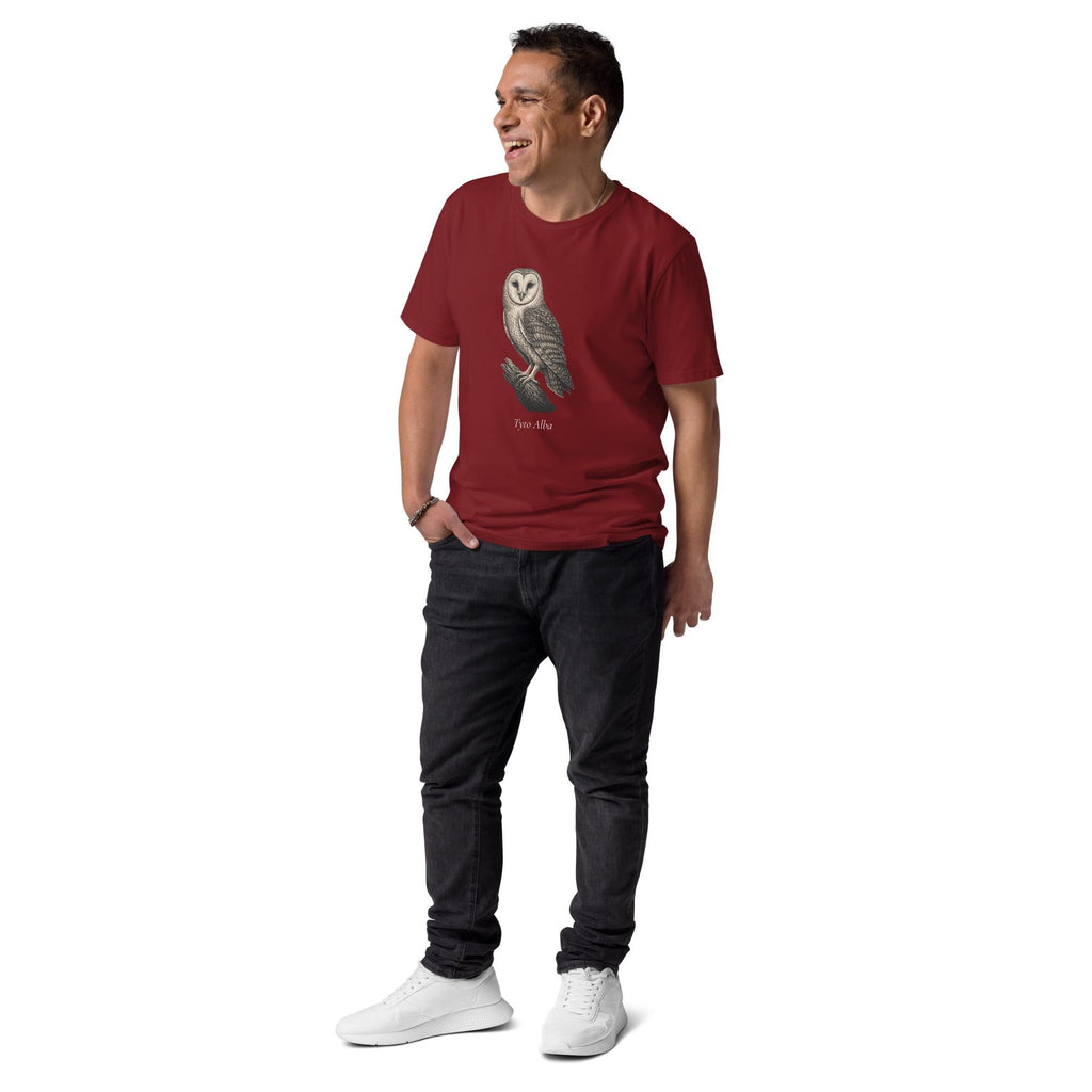 Vintage Barn Owl T-shirt in burgundy, full-length view on a model with black trousers.