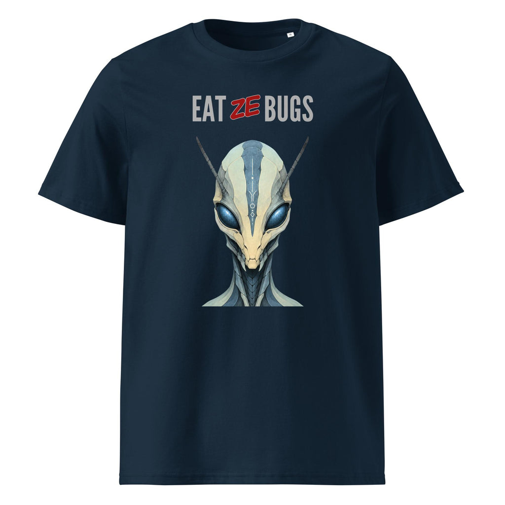 Eat Ze Bugs alien T-shirt in navy, front product view on white.