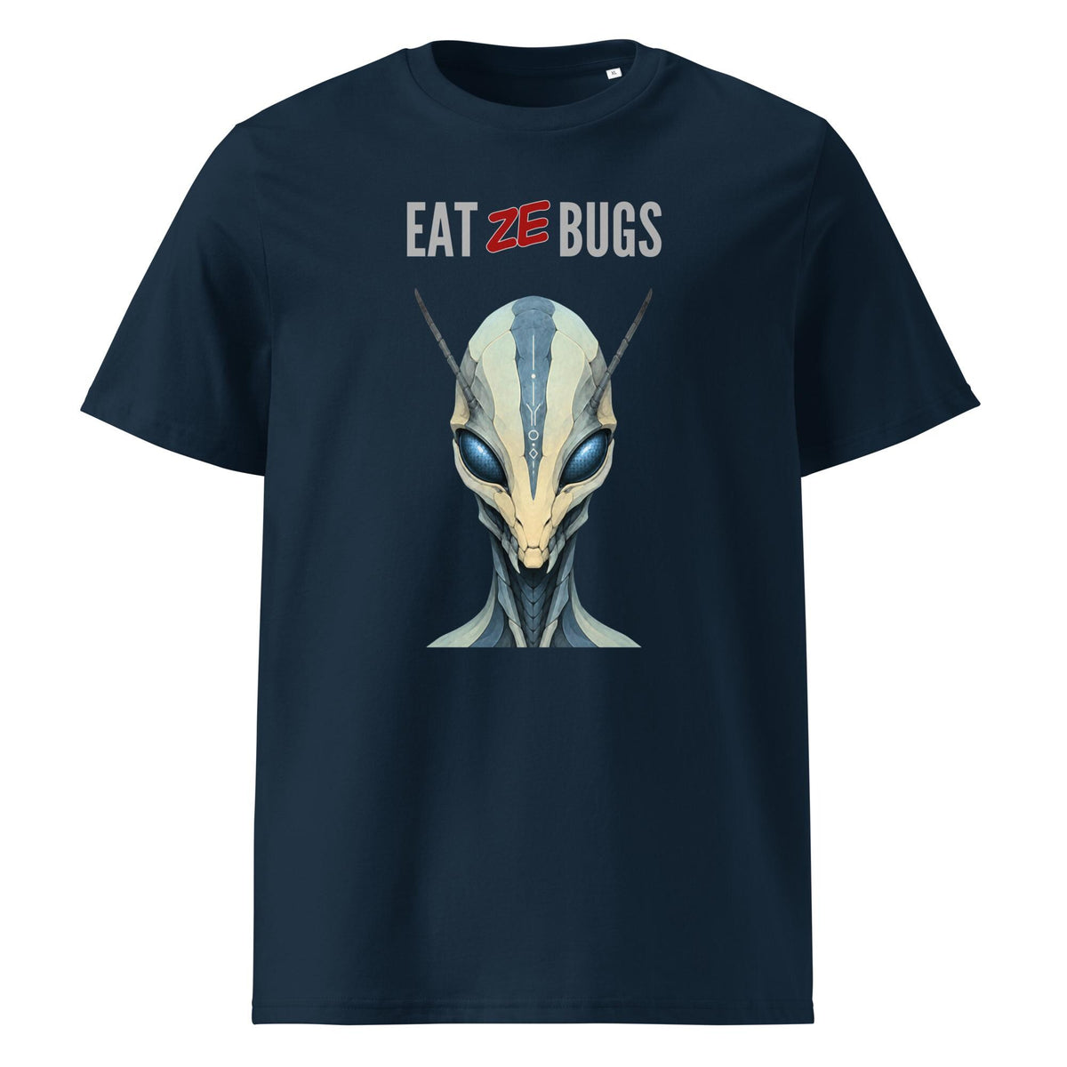 Eat Ze Bugs alien T-shirt in navy, front product view on white.