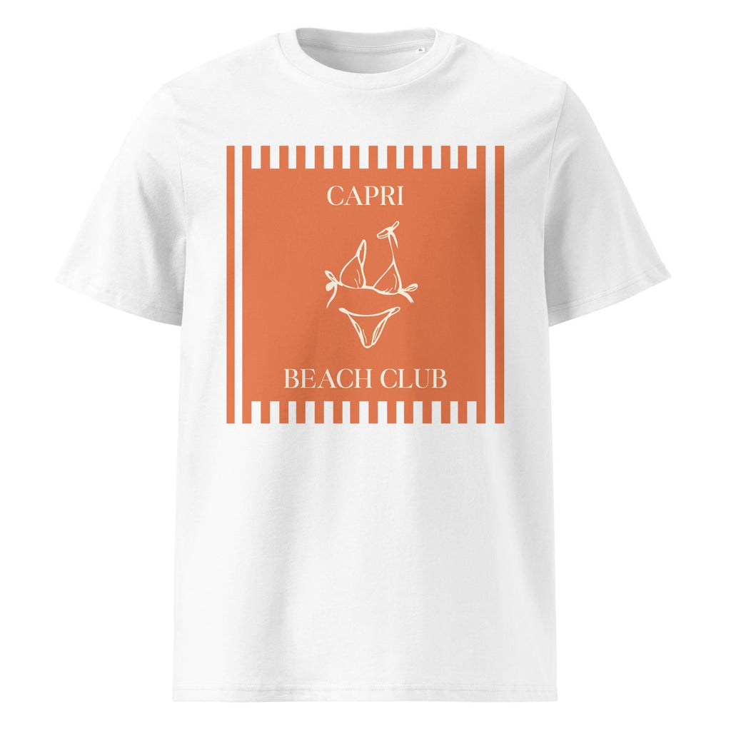 Capri Beach Club T-shirt in white, front product view on a pale background.