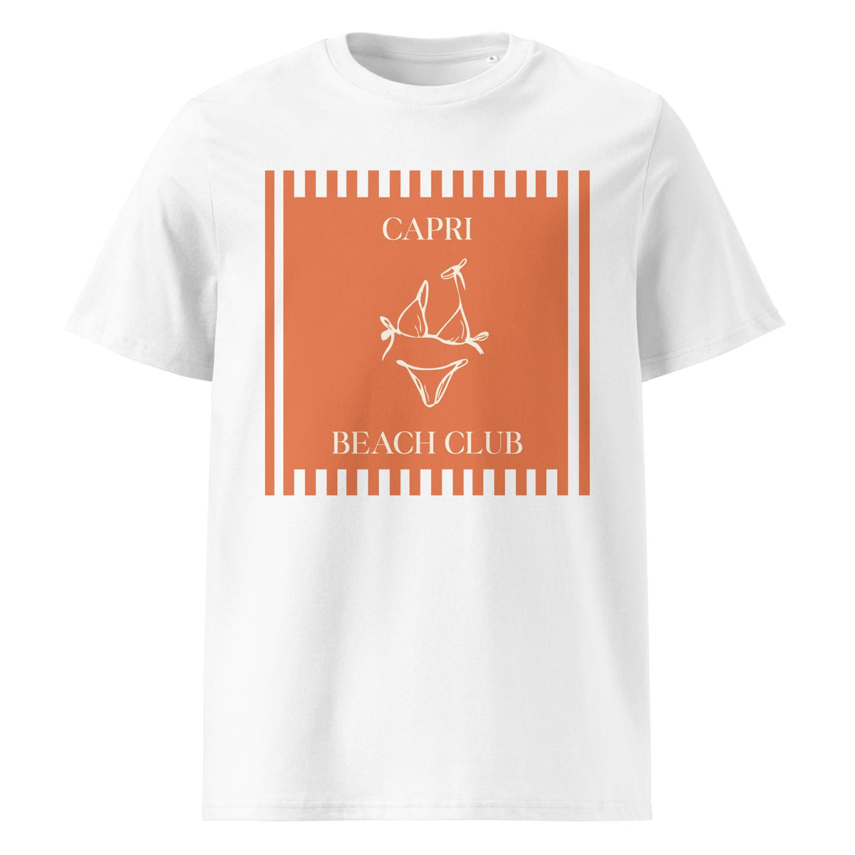 Capri Beach Club T-shirt in white, front product view on a pale background.