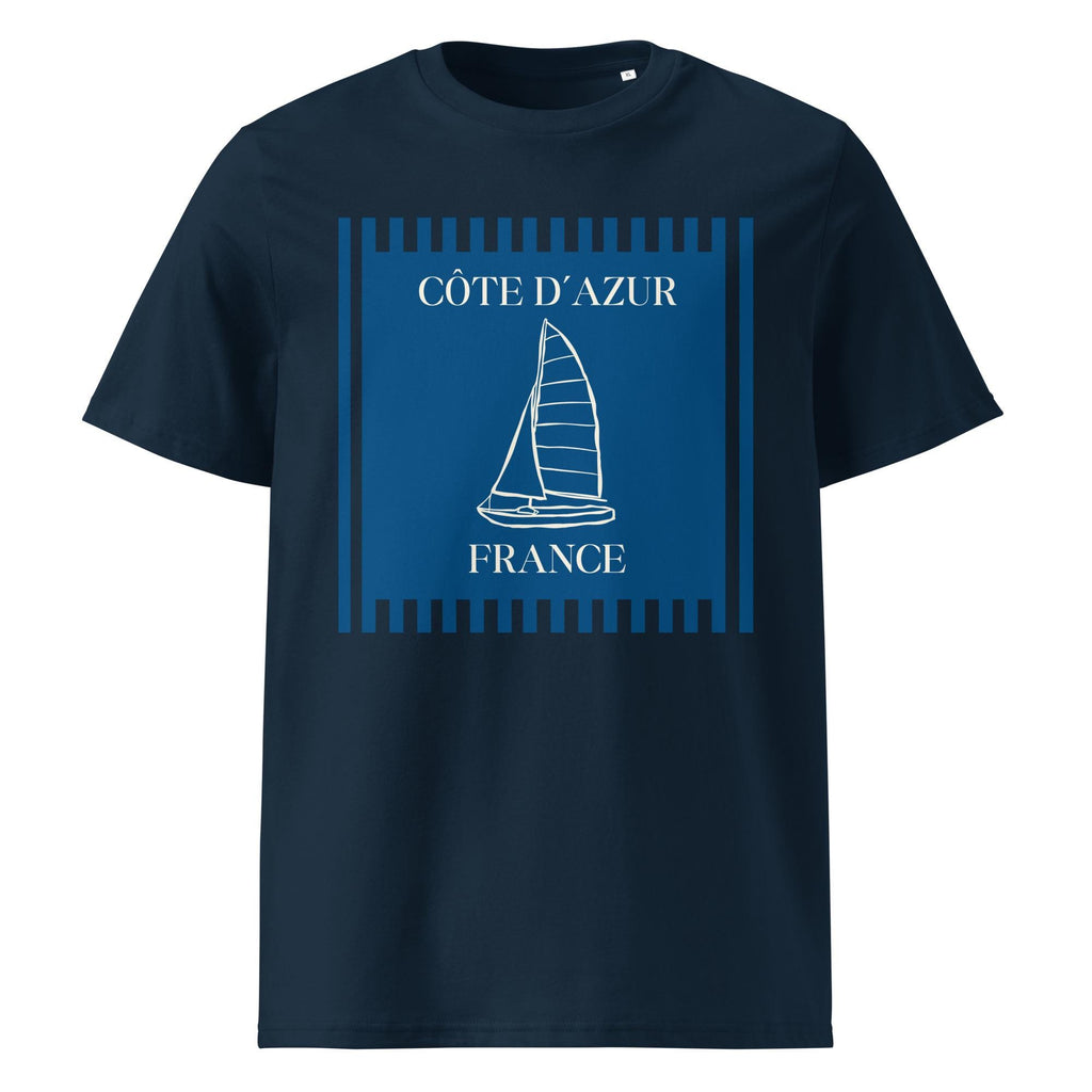Côte d'Azur sailboat T-shirt in navy, front product view on white.