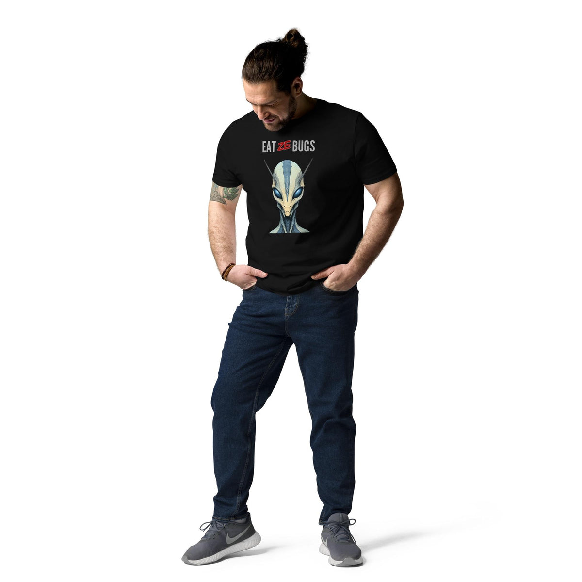 Eat Ze Bugs alien T-shirt in black, full-length view on a model looking down at the print.