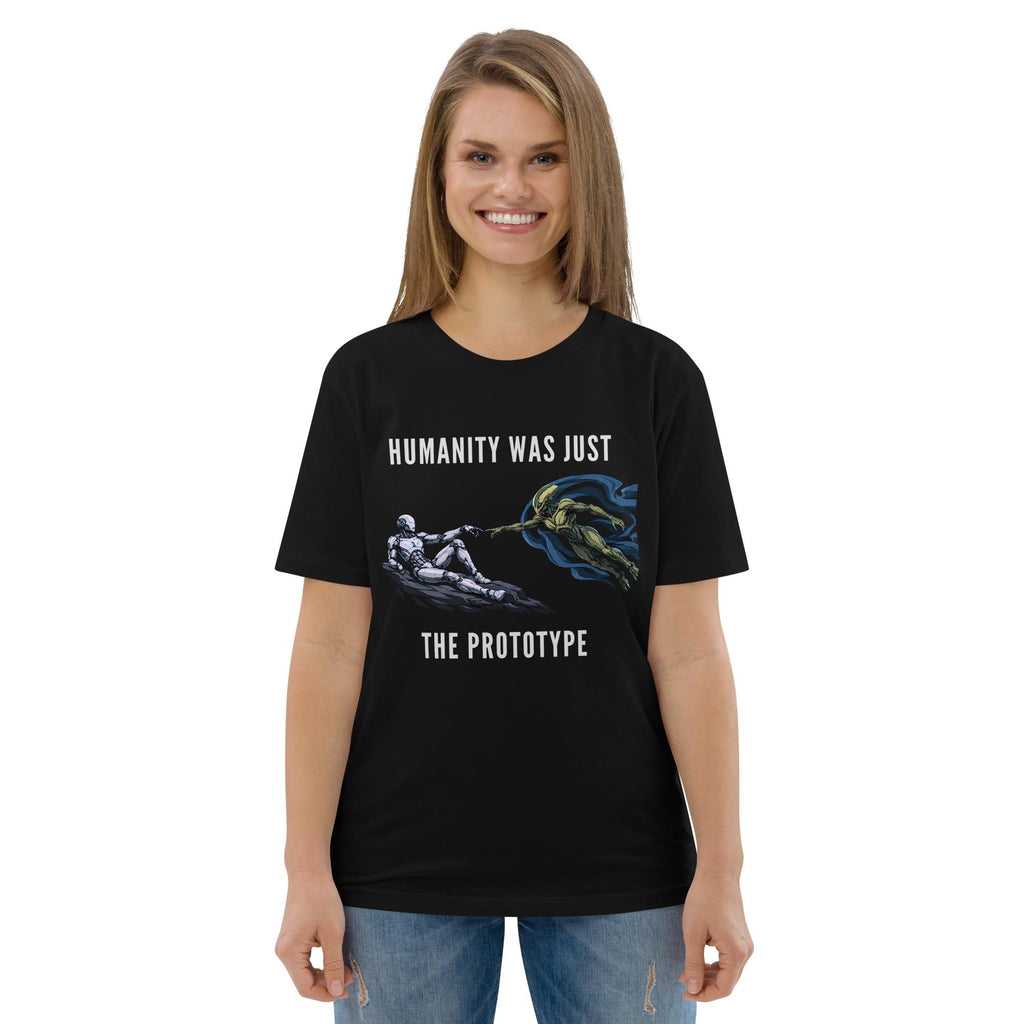 Humanity Prototype AI alien T-shirt in black, worn by a model with blue jeans, front view.