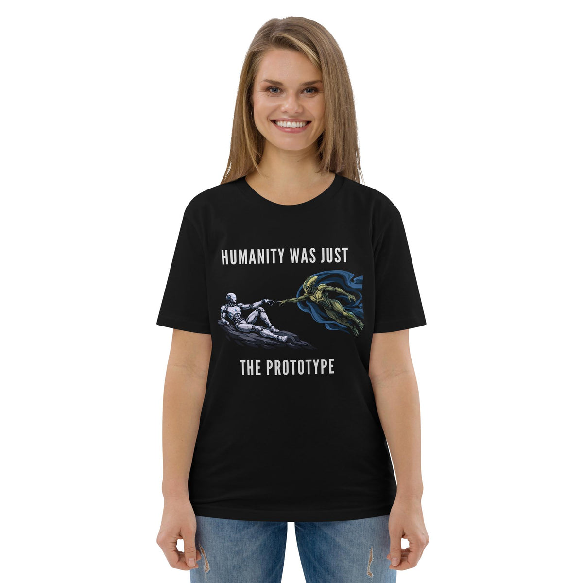 Humanity Prototype AI alien T-shirt in black, worn by a model with blue jeans, front view.