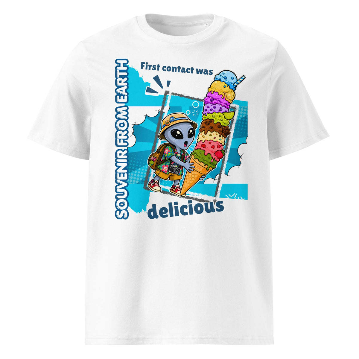 Alien Ice Cream T-shirt in white, front product view on a pale background.