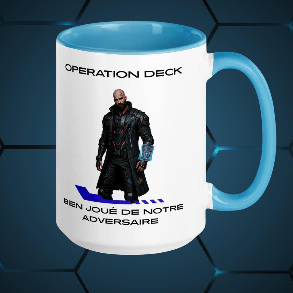 Operation Deck Bien Joué mug character and quote side with cyan interior against a blue hexagonal backdrop.