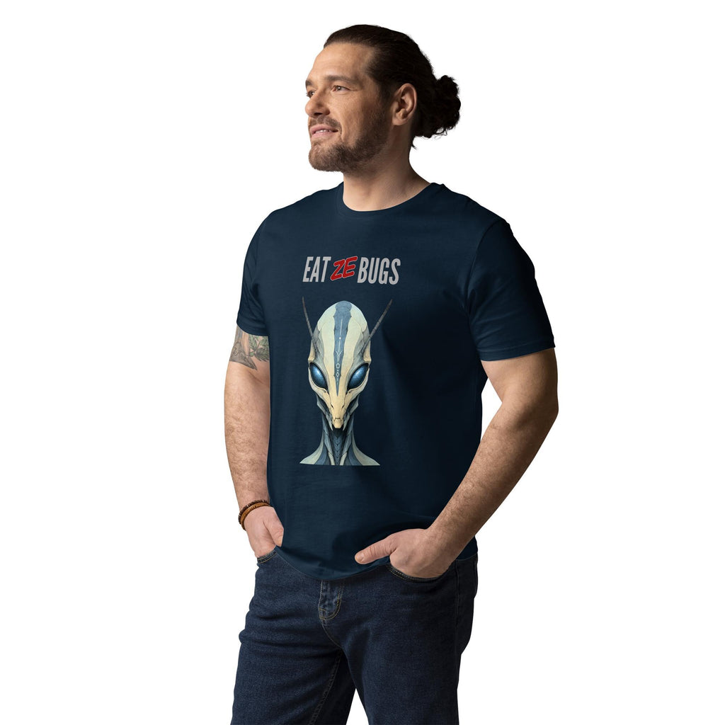 Eat Ze Bugs alien T-shirt in navy, worn by a model with jeans, three-quarter view.