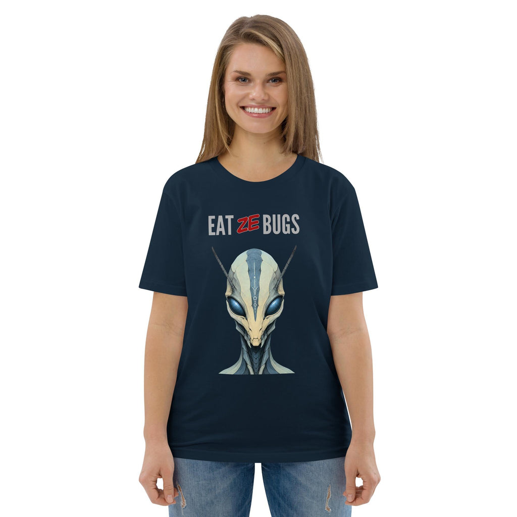 Eat Ze Bugs alien T-shirt in navy, worn by a model with blue jeans, front view.