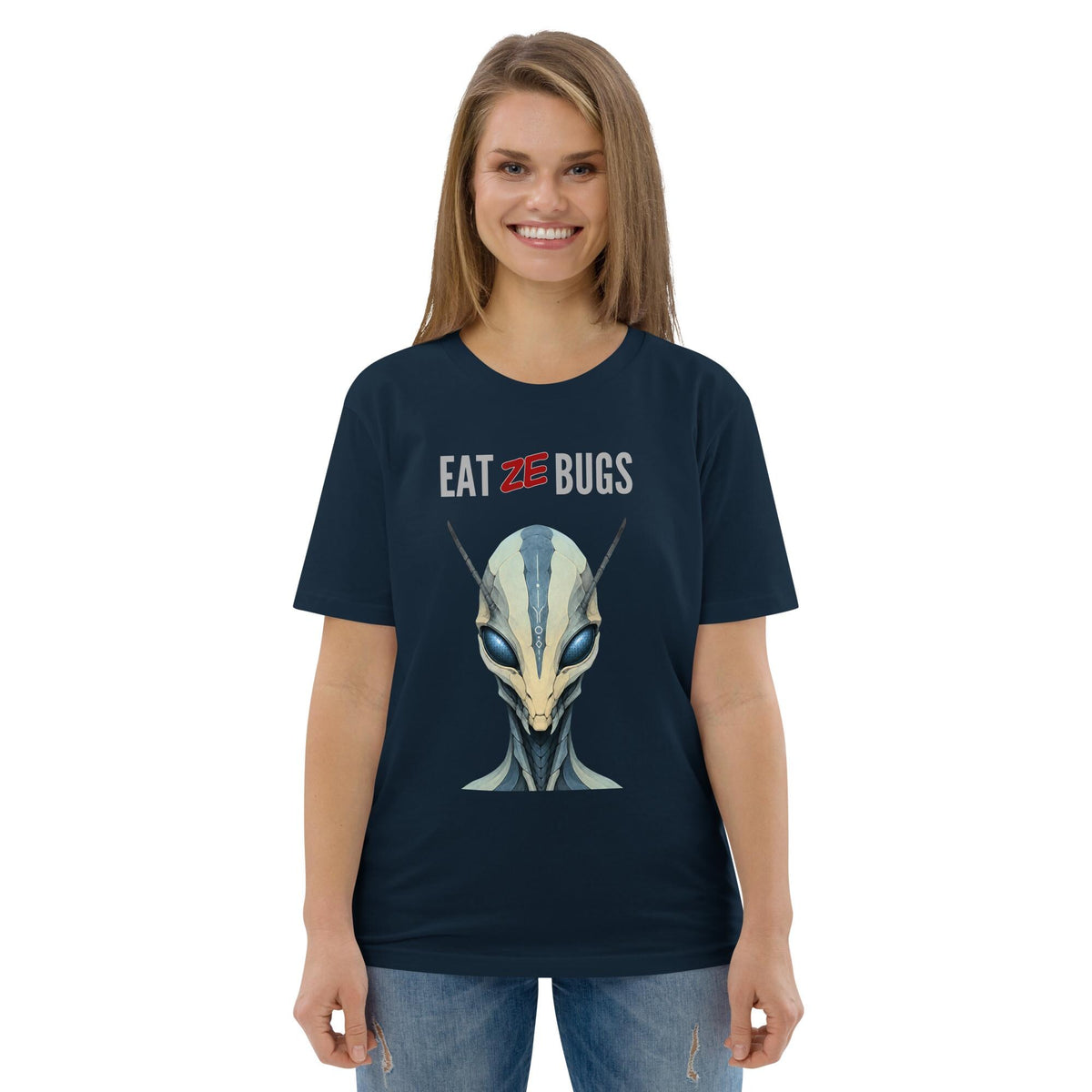 Eat Ze Bugs alien T-shirt in navy, worn by a model with blue jeans, front view.