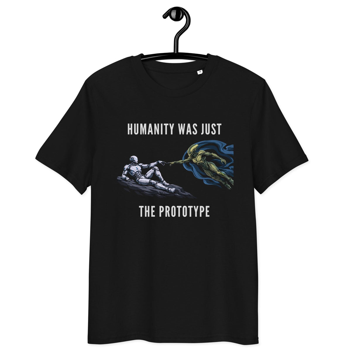 Humanity Prototype AI alien T-shirt in black, hanging front view on white.