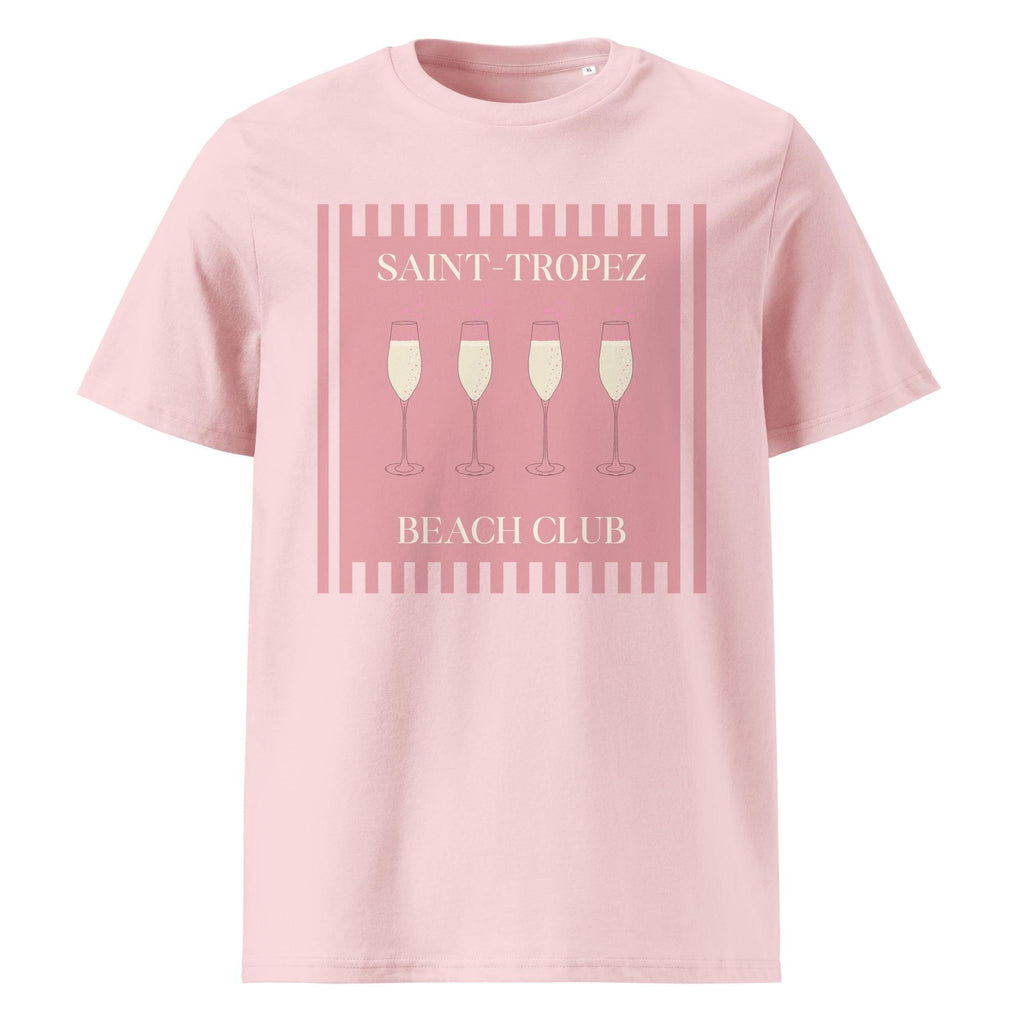 Saint-Tropez Beach Club T-shirt in pink, front product view on a pale background.