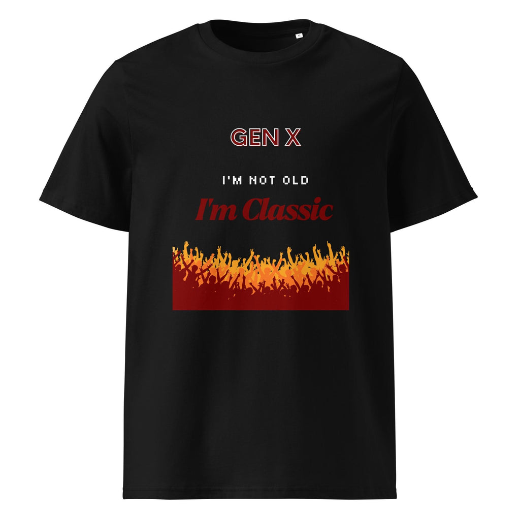Gen X Orange Flame Classic T-shirt in black, front product view on white.