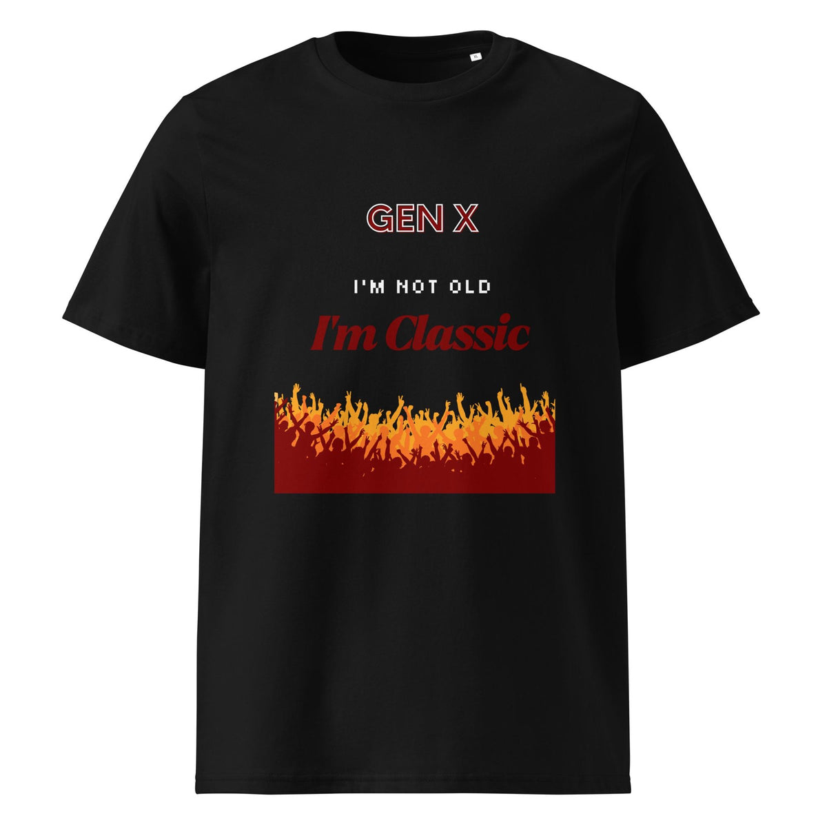 Gen X Orange Flame Classic T-shirt in black, front product view on white.