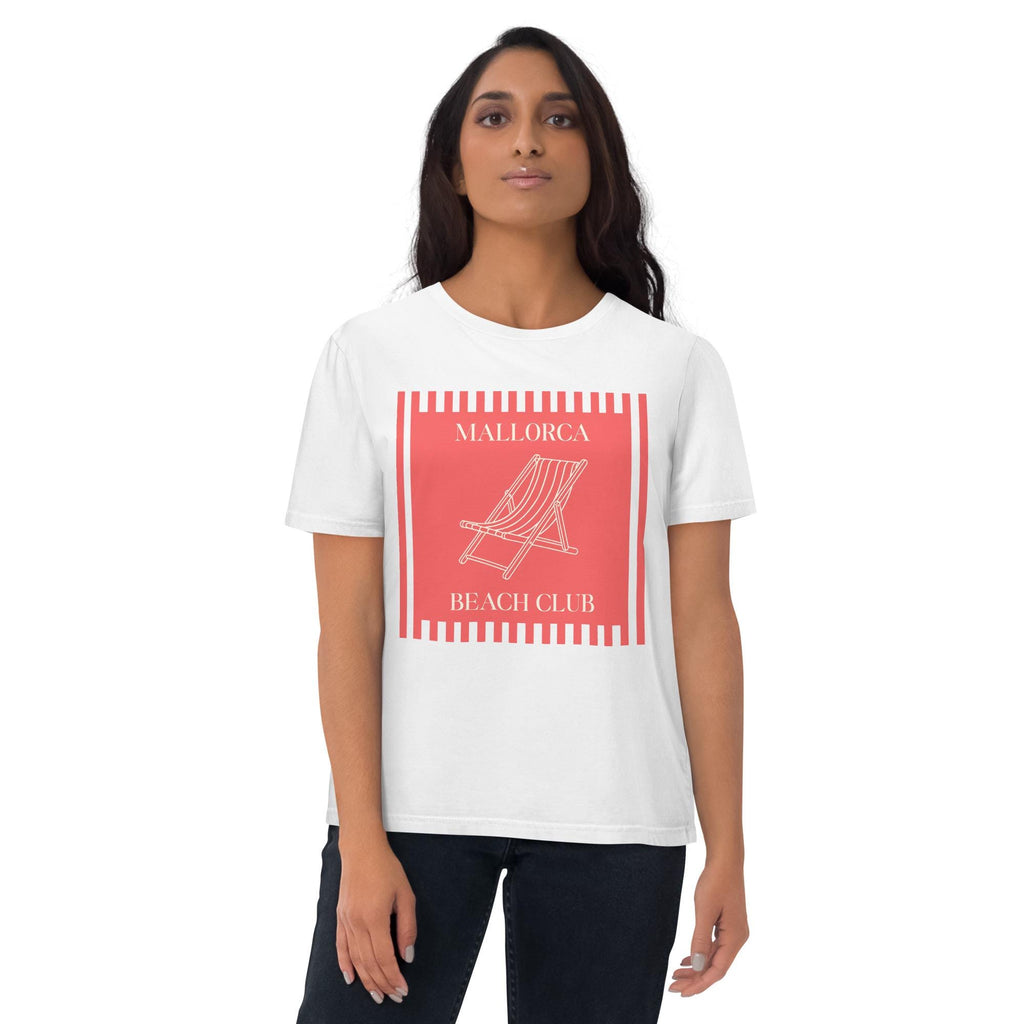 Mallorca Beach Club T-shirt in white, worn by a model on white, front view.