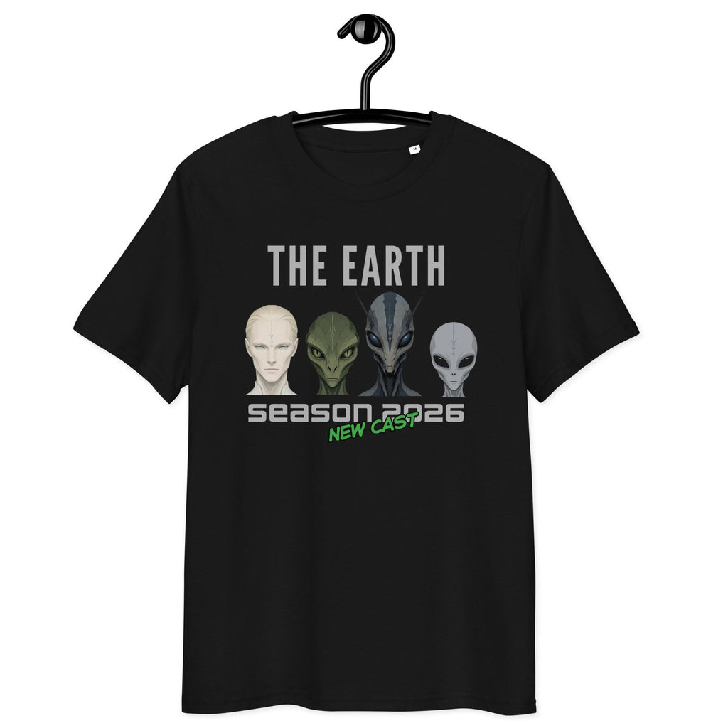 The Earth Season 2026 alien T-shirt in black, hanging front view on white.