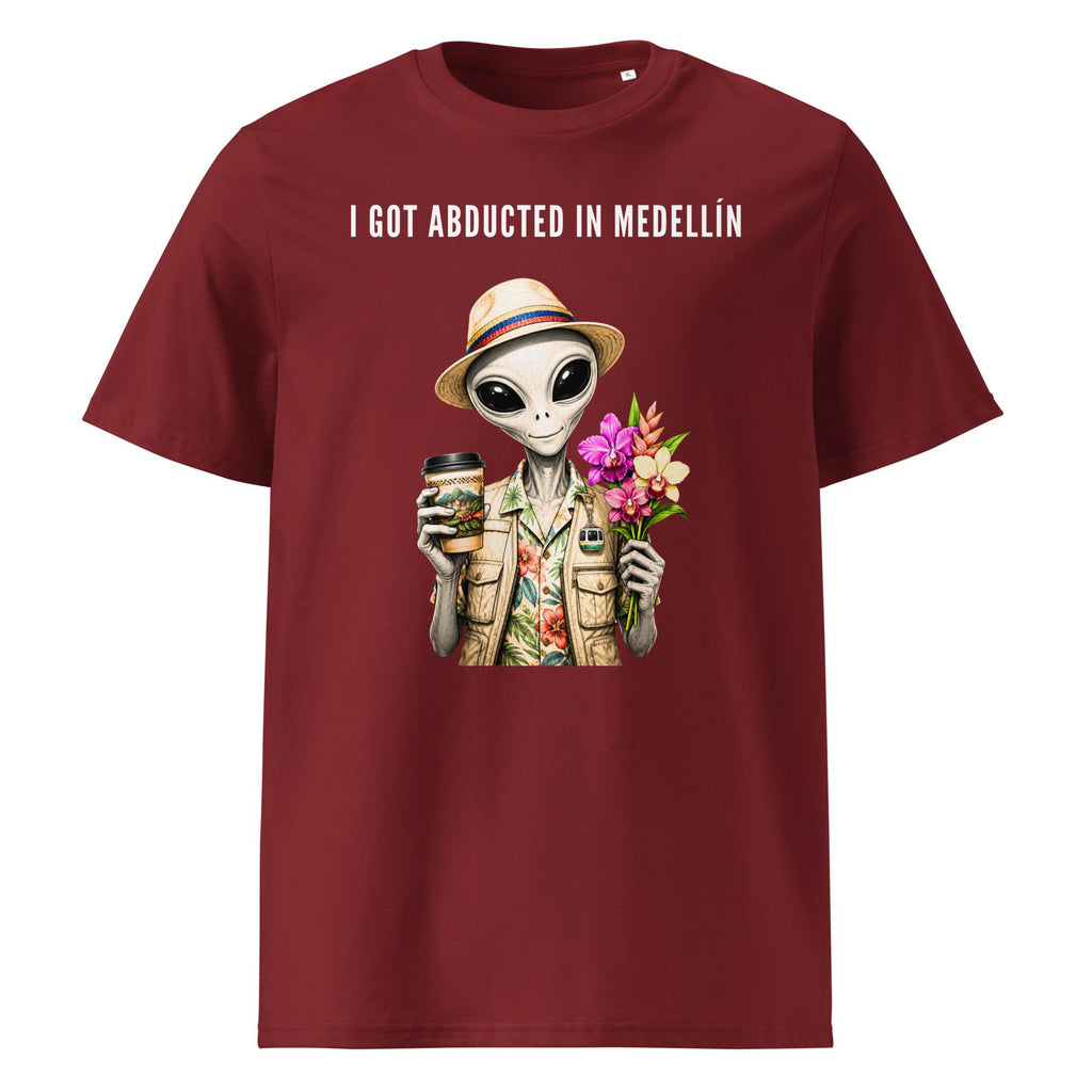 I Got Abducted in Medellin alien T-shirt in burgundy, front product view on white.
