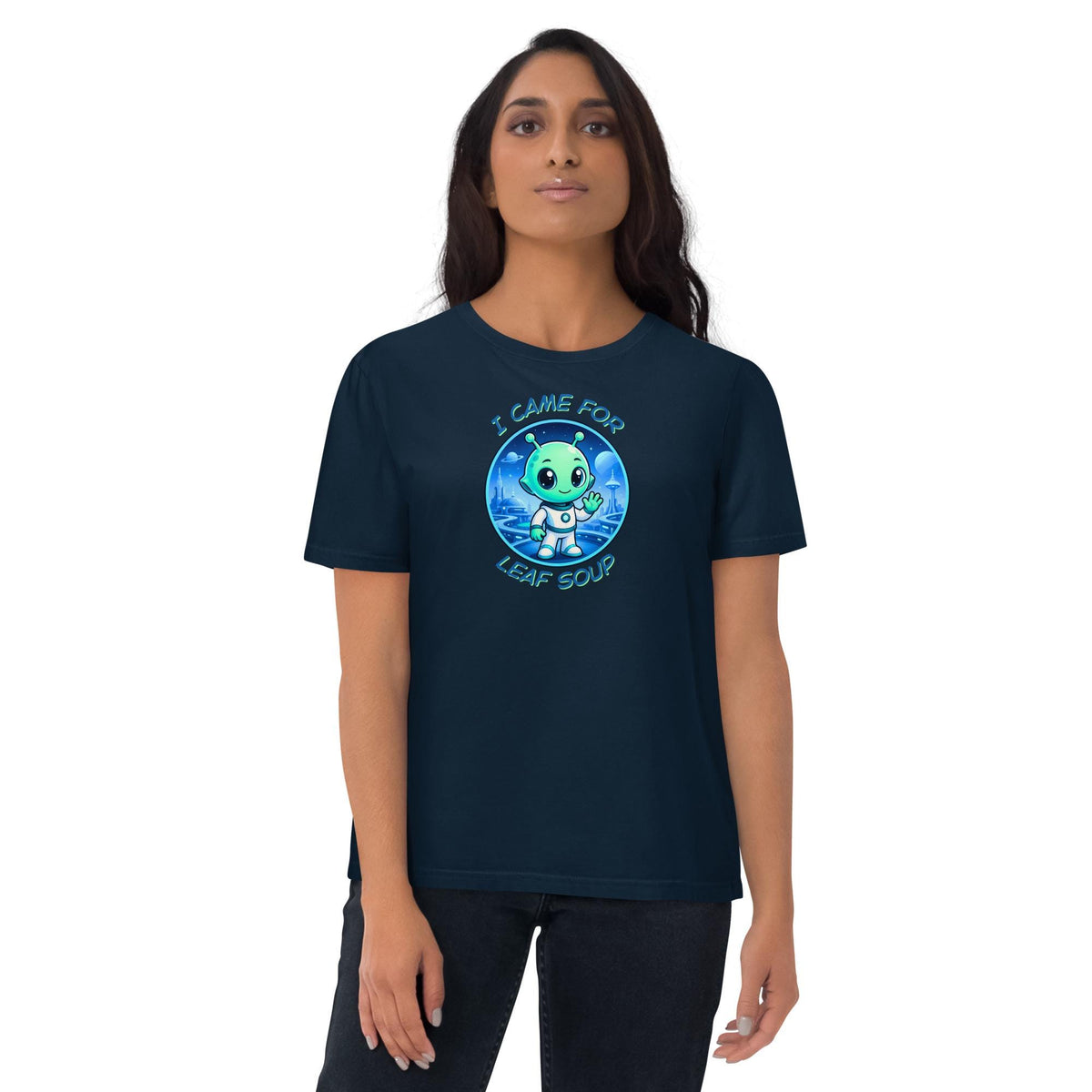 Alien Leaf Soup T-shirt in navy, worn by a model with dark trousers, front view.